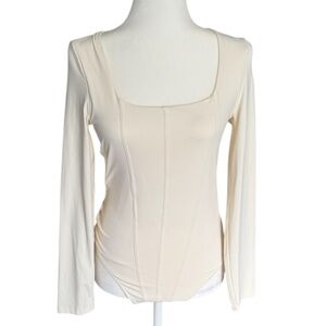 House of Harlow 1960 Luxe Essentials Cream Long Sleeve Bodysuit Women’s Medium